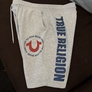 True Religion Shorts Mens M Gray Fleece Sweat Logo Drawstring Athletic Gym